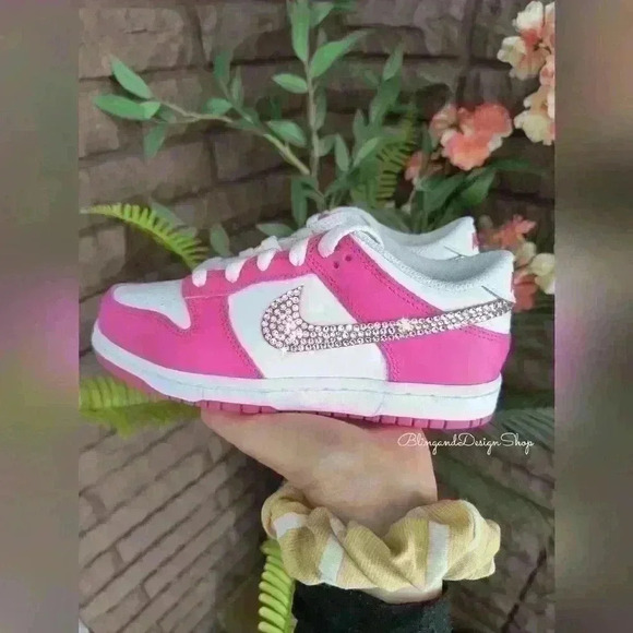 Swarovski Nike Dunk Low Pink Girls Kids Sneakers Shoes made with Clear Crystals - Picture 2 of 6